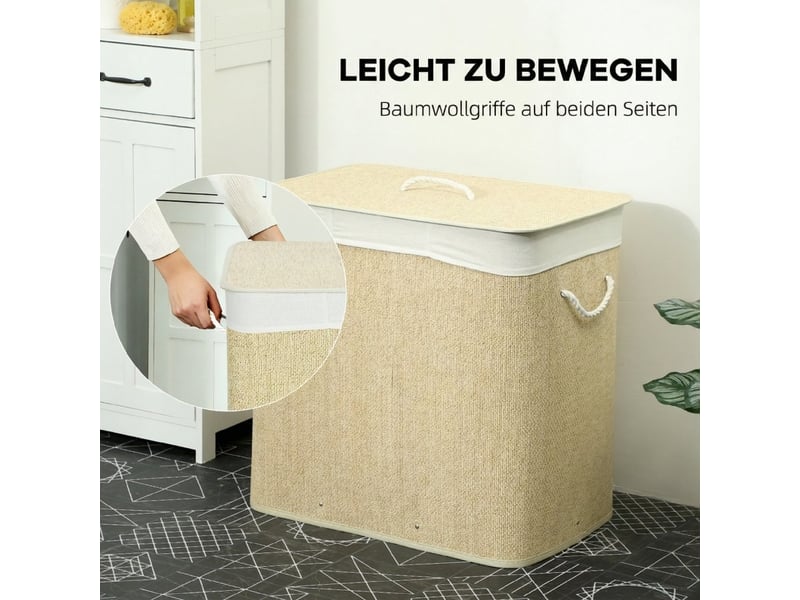  Panier à linge à 3 compartiments avec couvercle et sac lavable amovible en bambou crème 52 × 32 × 63 cm  - Conforama D