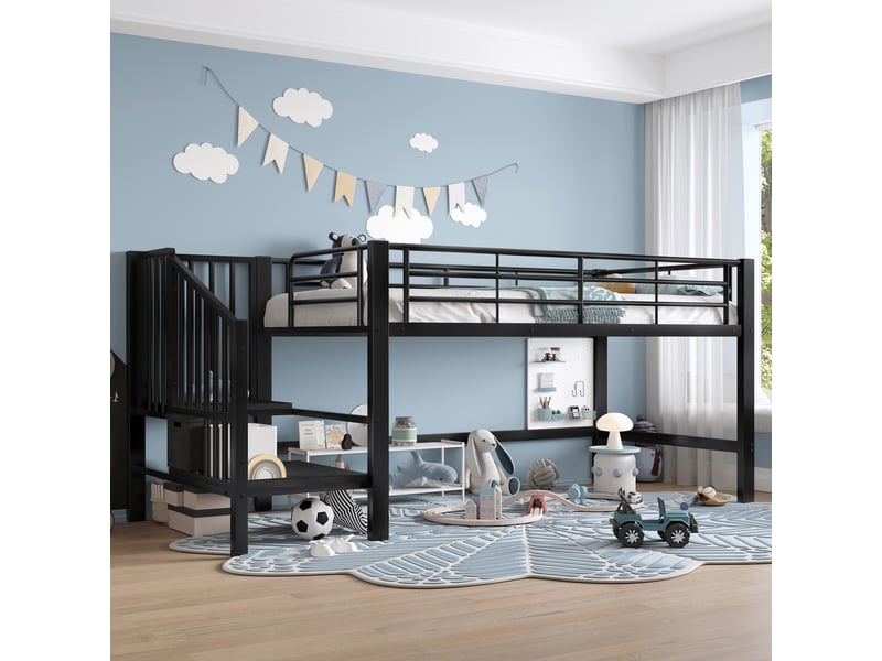 Lit mi-hauteur 90 x 200 cm avec escalier de rangement intégré, structure en métal noir pour chambre d'enfant - Conforama D