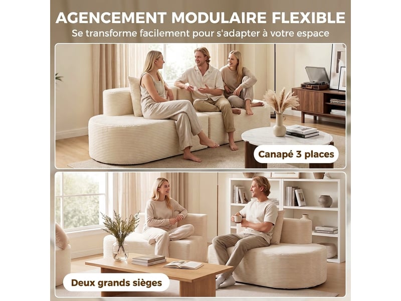  Canapé 3 places incurvé, velours côtelé 245cm, canapé salon, assise profonde, 2 coussins, compressé sans montage, crème  - Conforama D