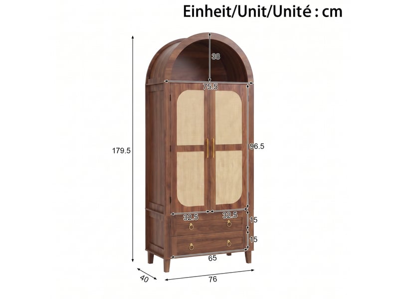  Armoire haute avec led réglable par application, 2 portes décor rotin, 2 tiroirs, noyer  - Conforama C