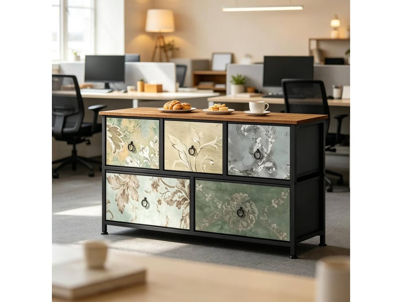 Commode avec 5 tiroirs en tissu et pieds réglables pour chambre, salon ou entrée, motif fleuri, 100 × 30 × 54 cm - Conforama D