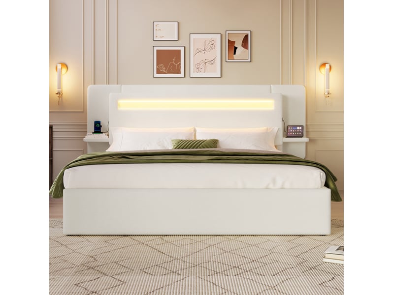  Lit coffre modenvie 140 x 200 cm avec rangement hydraulique, tête de lit led multicolore, table de chevet intégrée et usb, beige  - Conforama D
