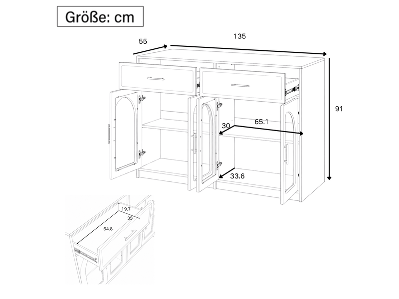 Îlot de cuisine led avec grand plan de travail, 2 tiroirs, étagères réglables et portes vitrées pour cuisine, 135 × 55 × 91 cm - Conforama E