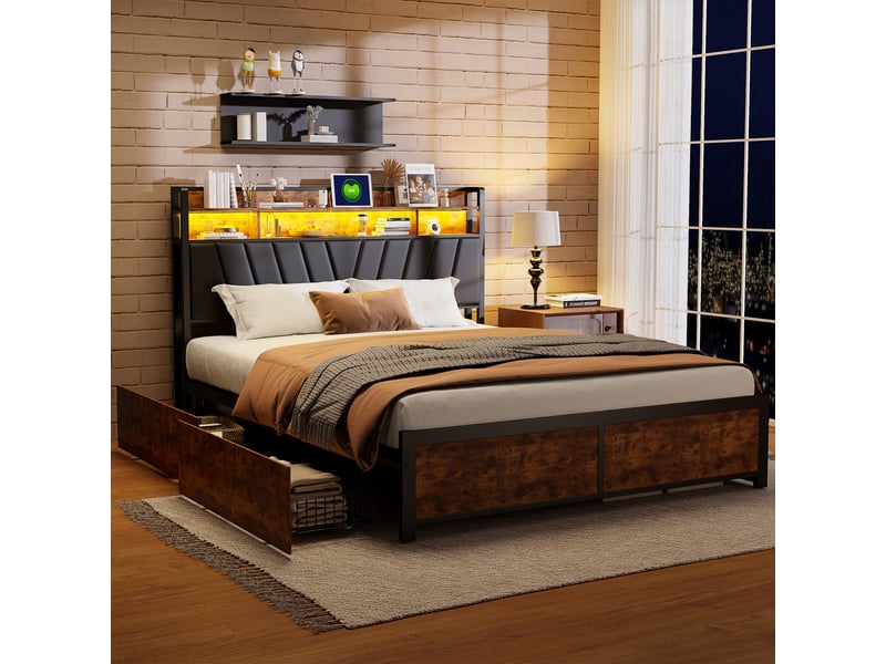  Lit double - 160x200cm-noir - cadre de lit industriel en métal et bois avec 4 tiroirs, led, prises et tête de lit  - Conforama C