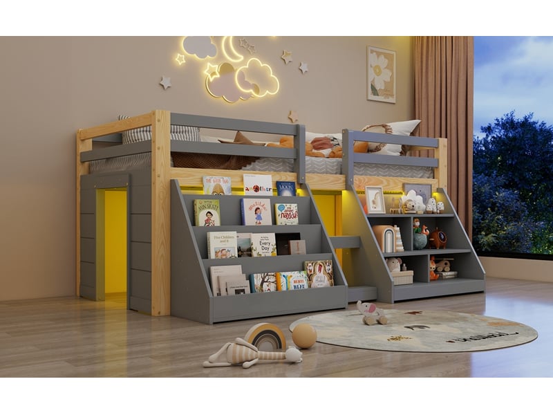 Lit mezzanine bas 90 × 200 cm, bois et mdf, led par application, rangements, échelle, sans matelas, gris et naturel - Conforama B