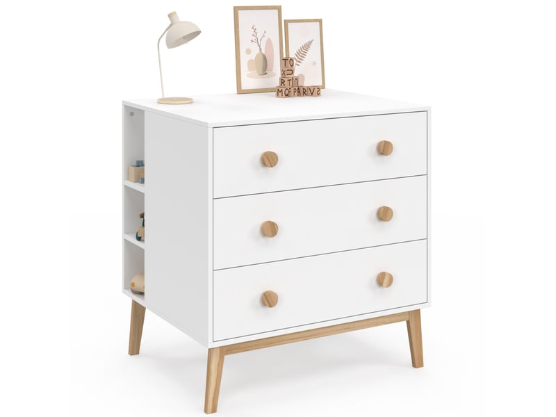  Commode à langer jacob blanc et bois 3 tiroirs, table à langer amovible et 2 étagères  - Conforama D