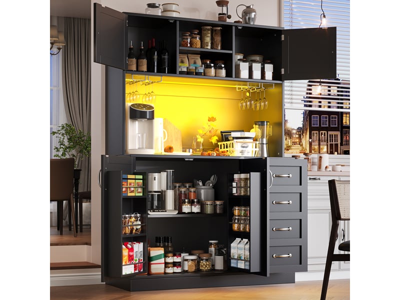  Buffet haut de cuisine-armoire haute porte-bouteilles casier à vin-4 portes 2 tiroirs led-étagères réglables mdf-120x40x188cm-noir  - Conforama B