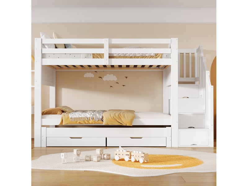  Lit superposé 3 places 90 × 200 cm et 90 × 190 cm, 2 tiroirs, escalier rangement et armoire, sans matelas, blanc  - Conforama B