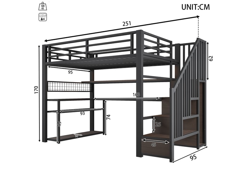 Lit mezzanine gaming 90x200 cm, led rgb, bureau armoire rangements escalier intégré, métal mdf noir sans matelas - Conforama C