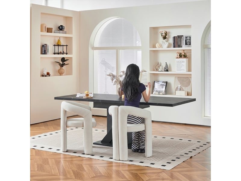  Ensemble table + 6 chaises salle à manger, table extensible effet marbre noir 110-140x80 cm, chaises chenille avec accoudoirs, moderne minimaliste  - Conforama R
