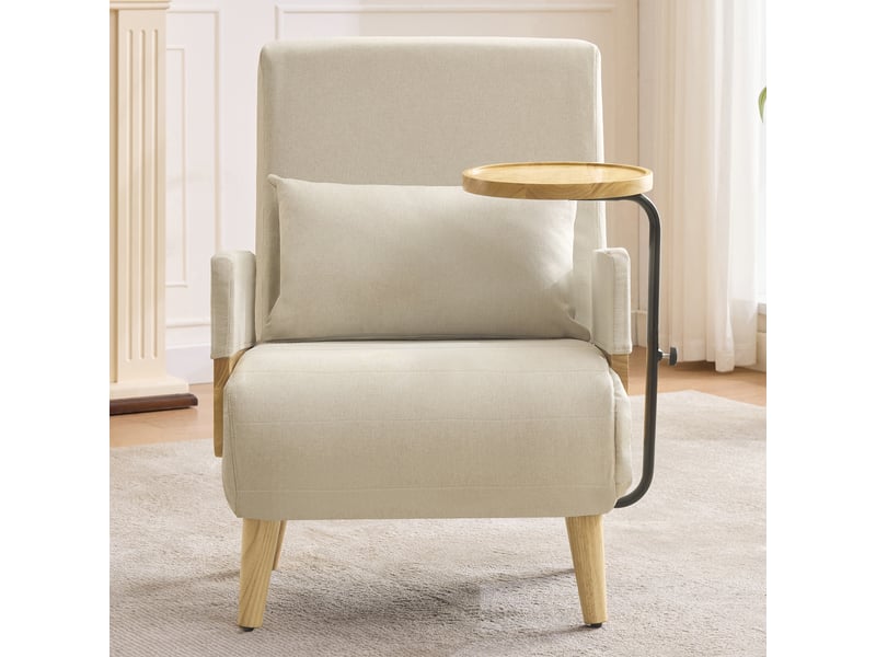 Fauteuil convertible 3 en 1 avec dossier réglable 6 positions, coussin et tablette pivotante, en lin beige  - Conforama C