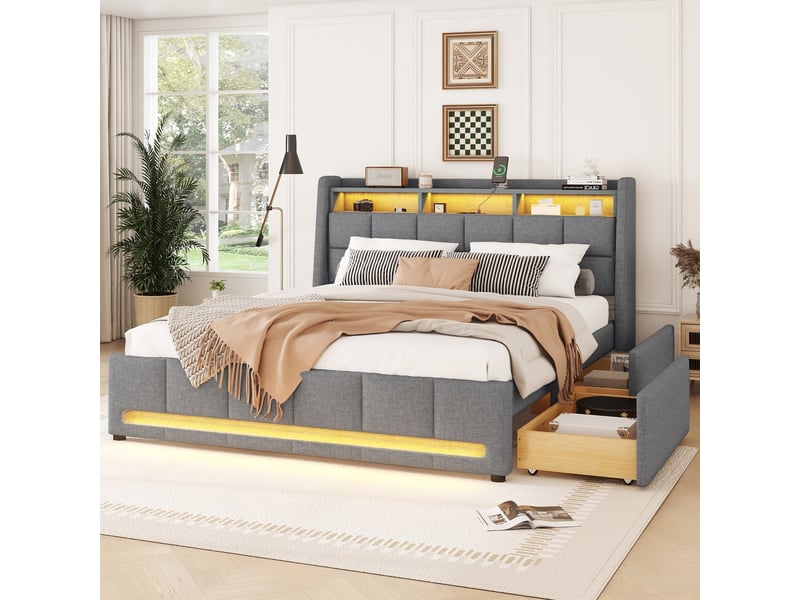Lit coffre gris 140x200 cm avec led intégrée, rangements et prises usb - Conforama D