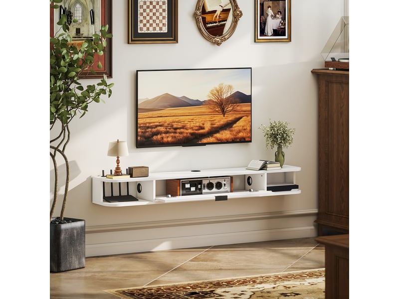  Meuble tv suspendu 140cm - porte, 2 niches, espace routeur, passe-fils - effet bois blanc  - Conforama D