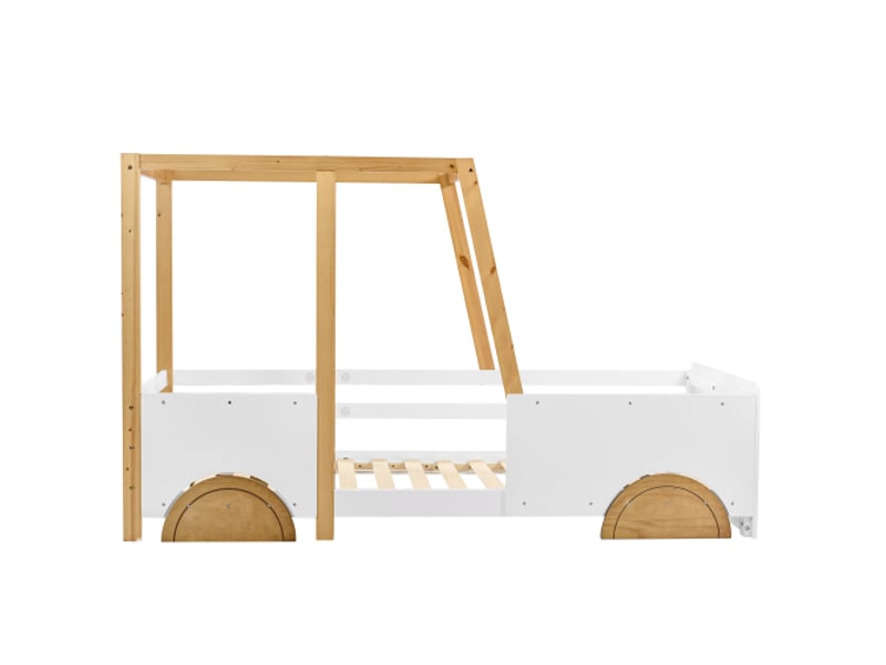  Lit enfant 90x200 cm, forme voiture et barrières de protection, en bois, blanc et naturel, sans matelas  - Conforama D