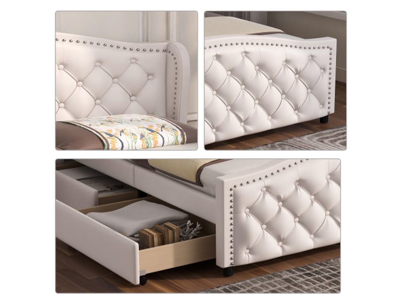  Lit adult 160x200cm, lit double avec 2 tiroirs de rangement et sommier, style design, pu blanc, sans matelas  - Conforama E