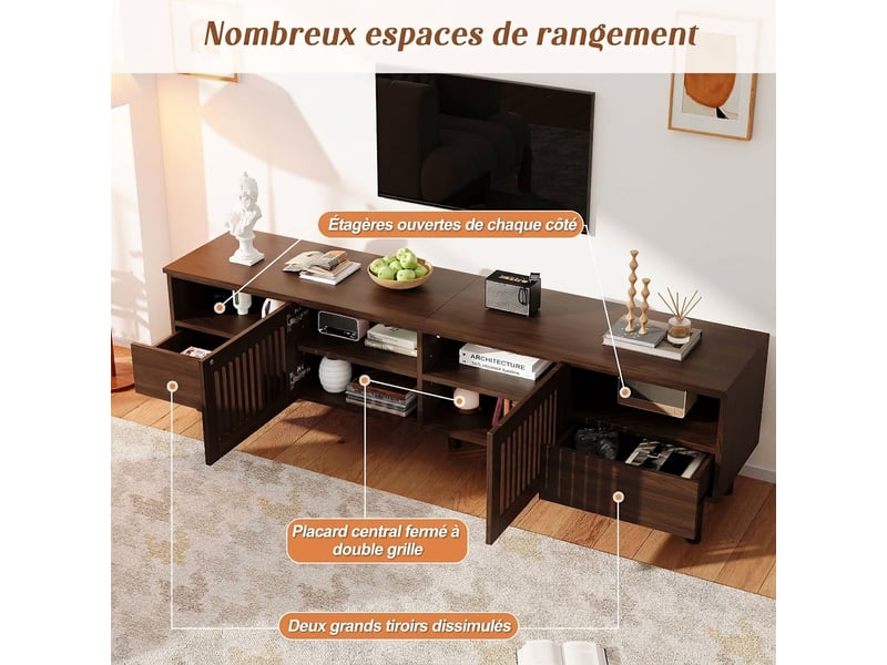  Meuble tv 180 cm couleur noyer avec portes grillagées et tiroirs  - Conforama R