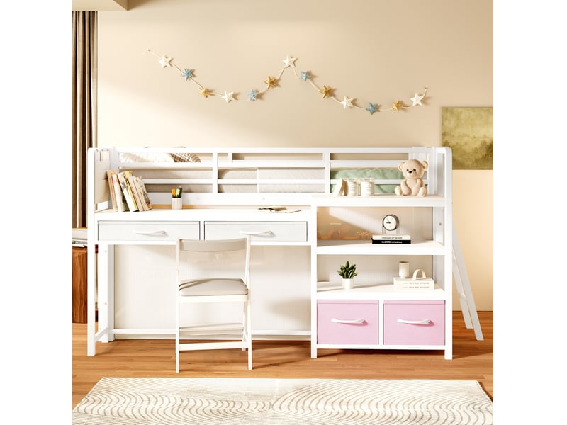  Lit mezzanine enfant 1 place 90 × 200 cm avec bureau, étagères, tiroirs, led et rideau, sans matelas, métal blanc  - Conforama D