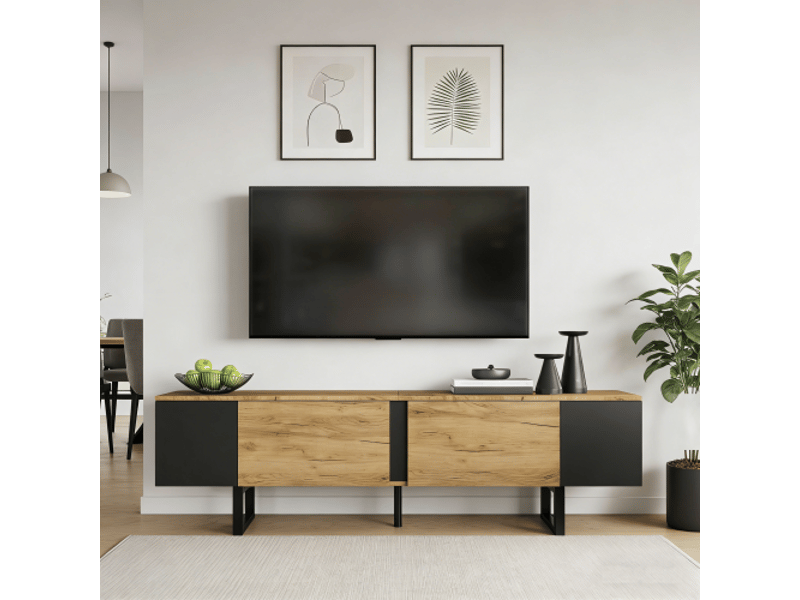  Meuble tv 180x40x55 cm, 2 portes et espaces de rangement ouverts des deux côtés, adapté pour téléviseur jusqu’à 75 pouces  - Conforama B