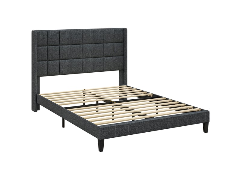  Lit 2 places rembourré 135x190 cm gris, tête de lit capitonnée et rangement sous le lit  - Conforama A