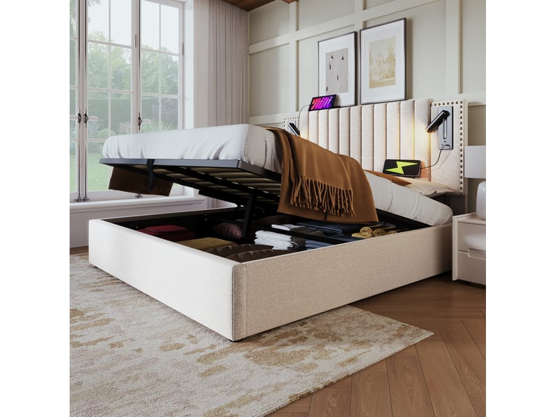  Lit coffre 140 x 200 cm beige avec matelas, liseuses et ports usbtype-c  - Conforama D