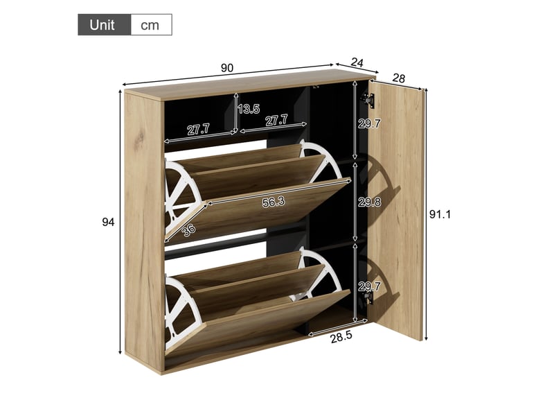  Meuble à chaussures avec 2 abattants, porte latérale, niches ouvertes et étagères réglables pour entrée 90 × 24 × 94 cm  - Conforama D