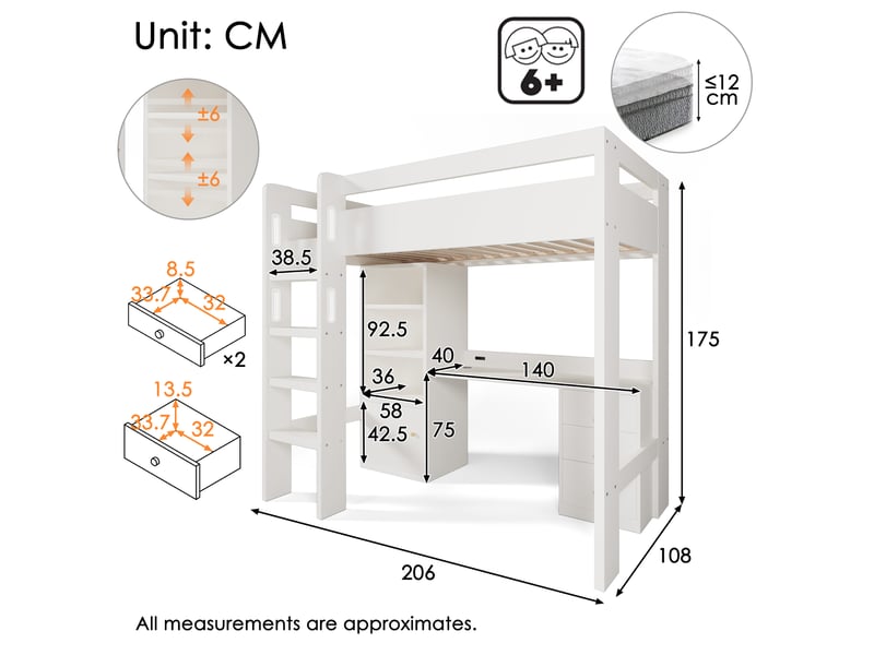  Lit mezzanine enfant 90x200 cm, tiroirs, porte, étagères,  usb type-c, sommier, mdf blanc, sans matelas  - Conforama C