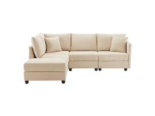 Canapé panoramique 5 places, transformable en lit, avec pouf, en tissu effet lin, coloris beige, l220 x p194 x h85 cm, pour salon