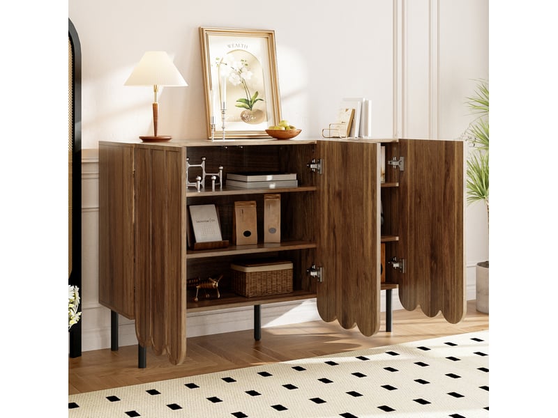  Buffet bas 120 x 35 x 80 cm moderne sans poignée portes ondulées pieds réglables, rayonnages réglables, mdf noyer  - Conforama R