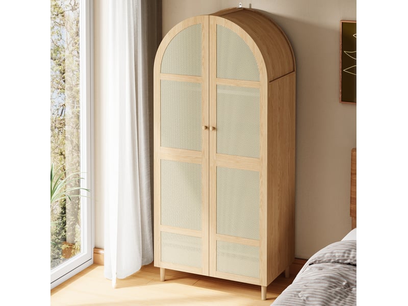  Armoire penderie grand volume 80x50x179 cm portes courbées rotin tringle tiroir pieds bois mdf pb naturel  - Conforama W