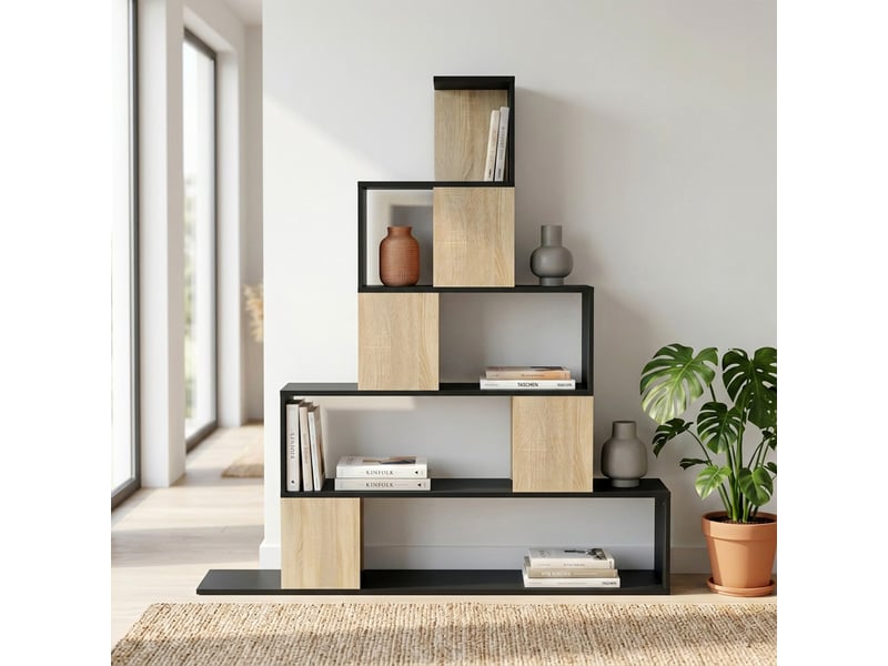 Étagère de rangement, bibliothèque géométrique à 5 niveaux, pour bureau, salon, chambre, noir et bois naturel - Conforama D
