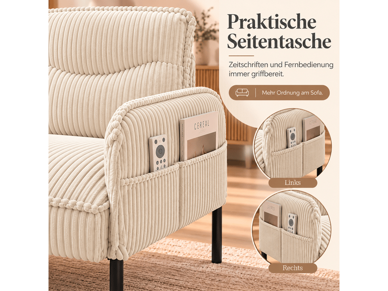  Fauteuil de salon - fauteuil 1 place en velours tricoté avec accoudoirs et poches latérales, petit fauteuil rembourré, beige  - Conforama E