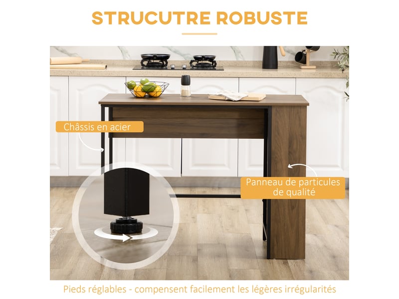  Ilot centra table de bar plateau latéral  rabattable et 3 étagères marron 120 x 76 x 91,4 cm  - Conforama R