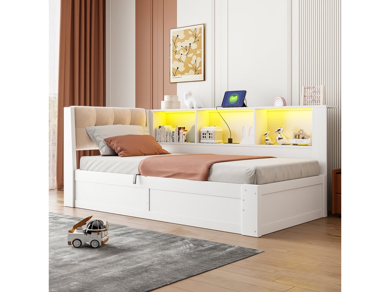 Lit de jour 90x200 cm avec rangement hydraulique - lit banquette en bois avec led, usb et étagères blanc - Conforama B