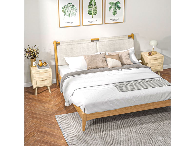  Lot de 2 tables de chevet tables d'appoint 2 tiroirs façades aspect cannage rotin style bohème 40 x 40 x 56 cm naturel  - Conforama C