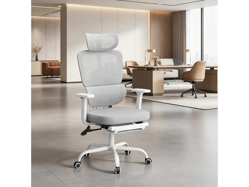  Chaise de bureau ergonomique avec repose-pieds réglable dossier inclinable et appuie-tête en maille et métal gris  - Conforama B
