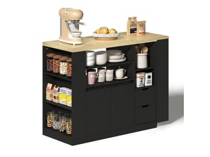 Îlot de cuisine moderne et multifonctionnel avec plateau extensible, 115 cm, rangements ouverts sur 3 côtés, 2 tiroirs, coin café et table à manger extensible en bois