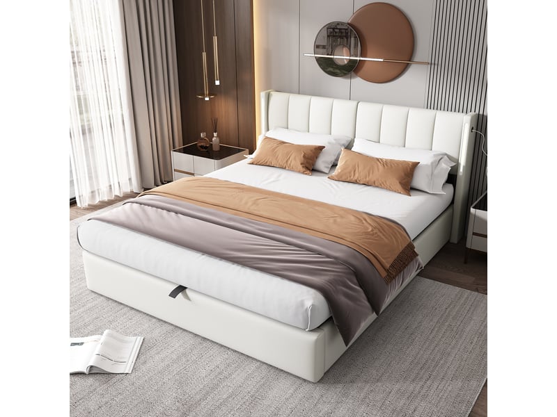  Lit coffre 140x190 double avec led et port usb - tête réglable pu blanc  - Conforama C