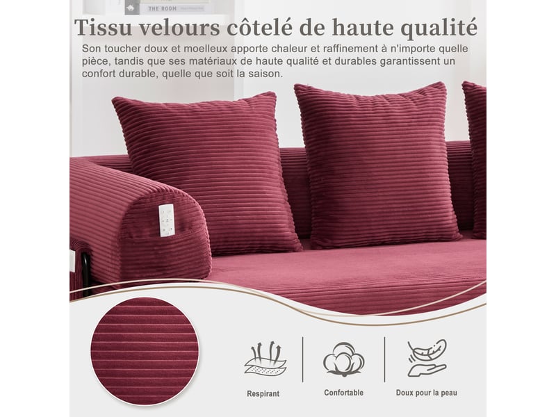  Canapé modulable rouge velours côtelé 200 x 94 x 67 cm, 3 coussins, poche latérale, cadre métal, salon séjour W2845S00502 - Conforama D