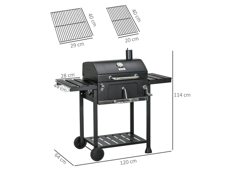  Barbecue fumoir à charbon de bois, avec thermomètre et ouvre-bouteille, 120 x 64 x 114 cm, noir  - Conforama E