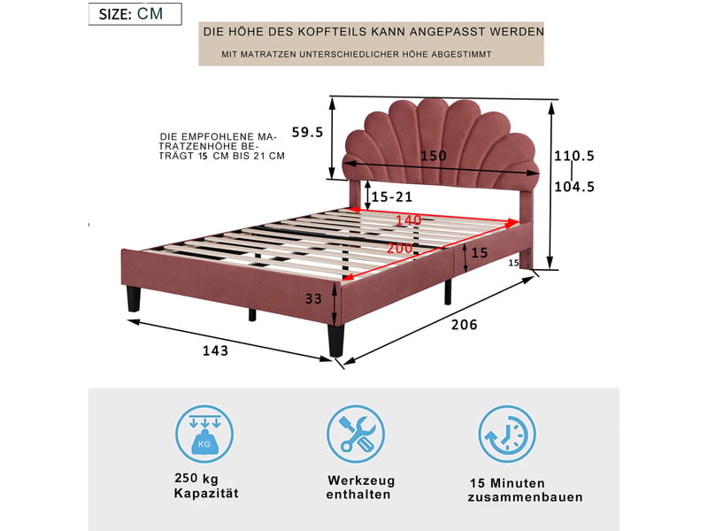  Lit adulte 140 × 200 cm 2 places avec tête de lit fleurie, sans matelas, en velours rembourré, rouge brique  - Conforama D