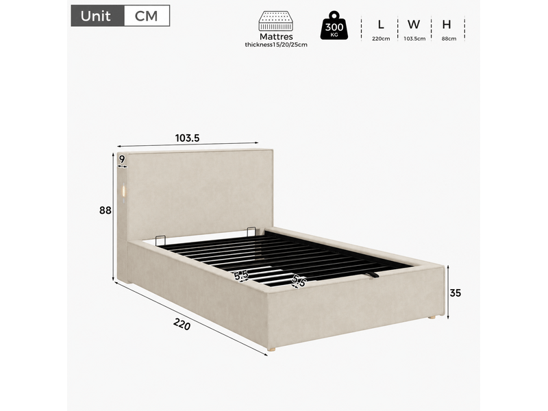  Lit coffre 90x200 cm avec sommier à lattes et ouverture hydraulique, beige, sans matelas  - Conforama C