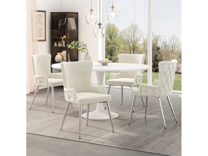  Chaise de salle à manger lot de 6 avec accoudoirs et pieds métalliques en velours beige et argenté  - Conforama D