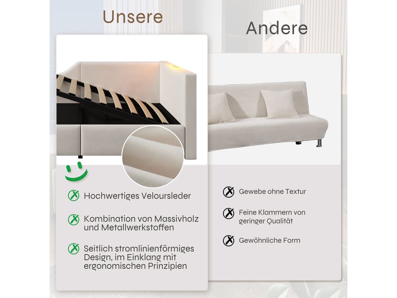  Canapé lit velours beige 90x190 avec coffre hydraulique, lampe de lecture et port usb-c  - Conforama D