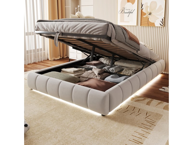  Lit double capitonné 140 x 200 cm, sans tête, bandeau led monochrome, hydraulique suspendu, beige  - Conforama B