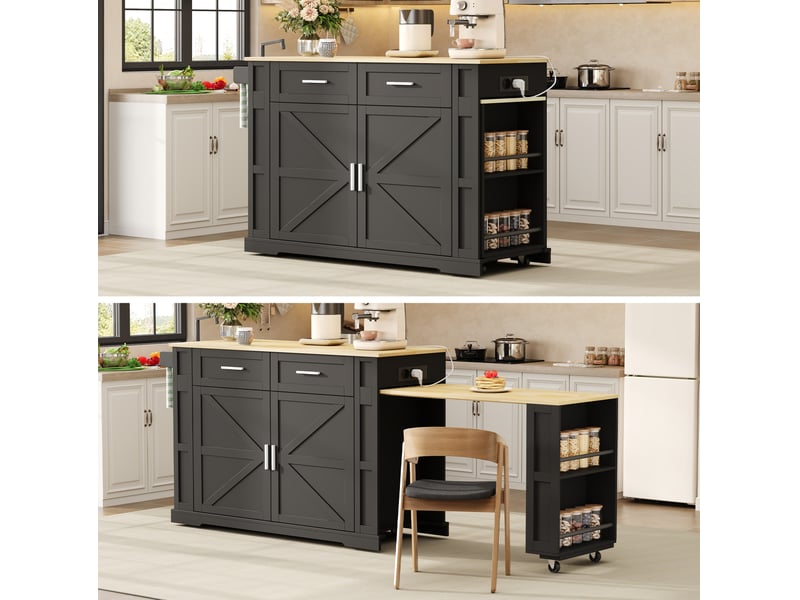  Îlot de cuisine extensible 130-205x50x93 cm, 2 tiroirs, meuble mobile, prises usb, mdf, noir et naturel, design moderne  - Conforama D