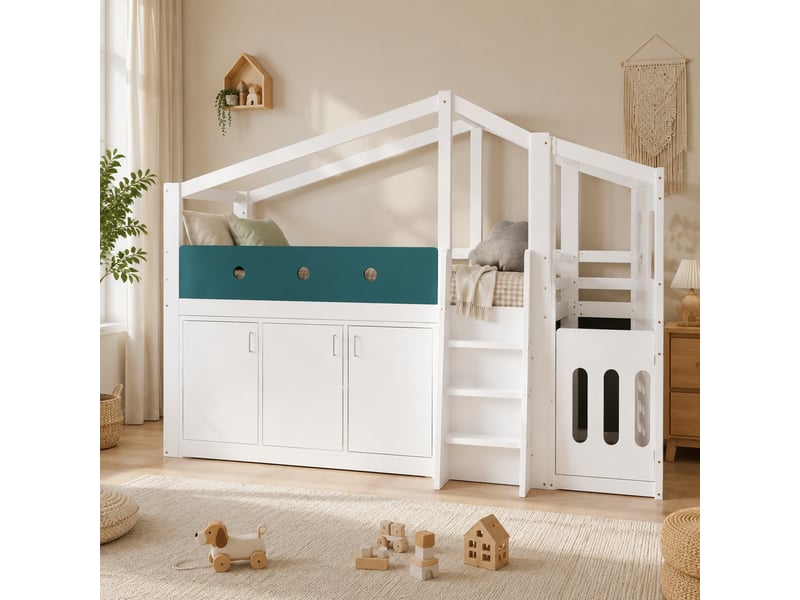  Lit surélevé enfant modenvie 90 x 200 cm maison blanc avec espace de jeu et armoire de rangement  - Conforama D