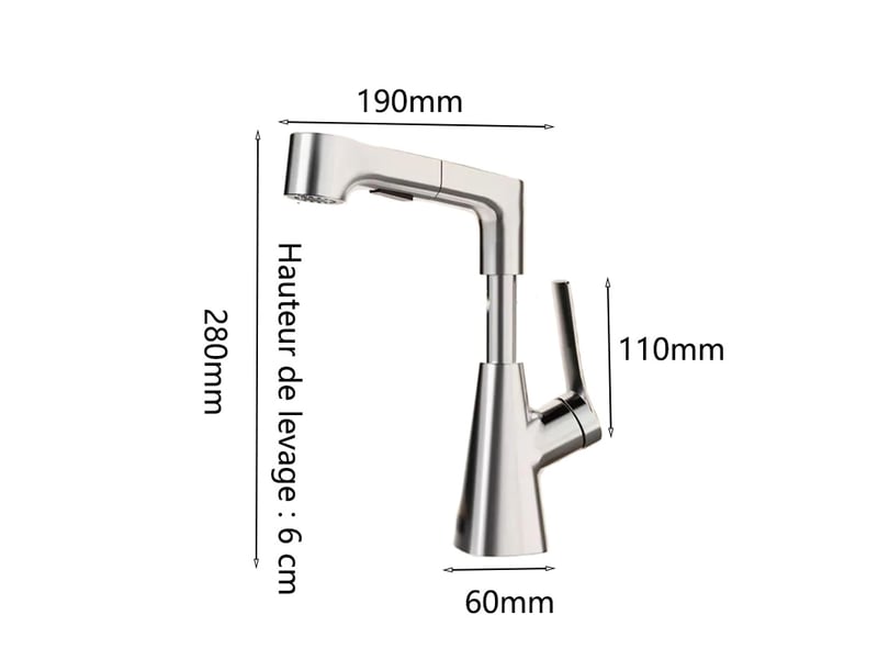  Robinet de lavabo extractible, robinet de lavabo monotrou, valve en céramique (argent)  - Conforama B