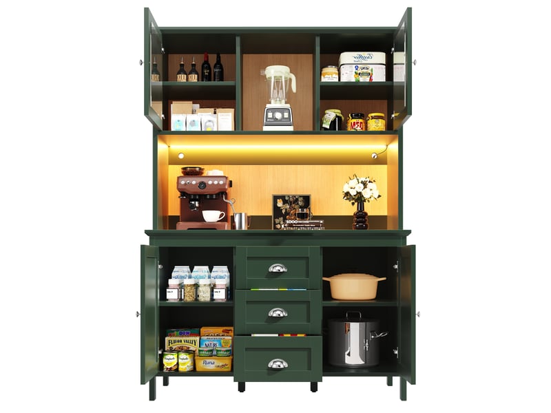  Meuble de cuisine muvano vert, buffet haut avec portes vitrées brunes et éclairage led, 120 x 40 x 179 cm  - Conforama A