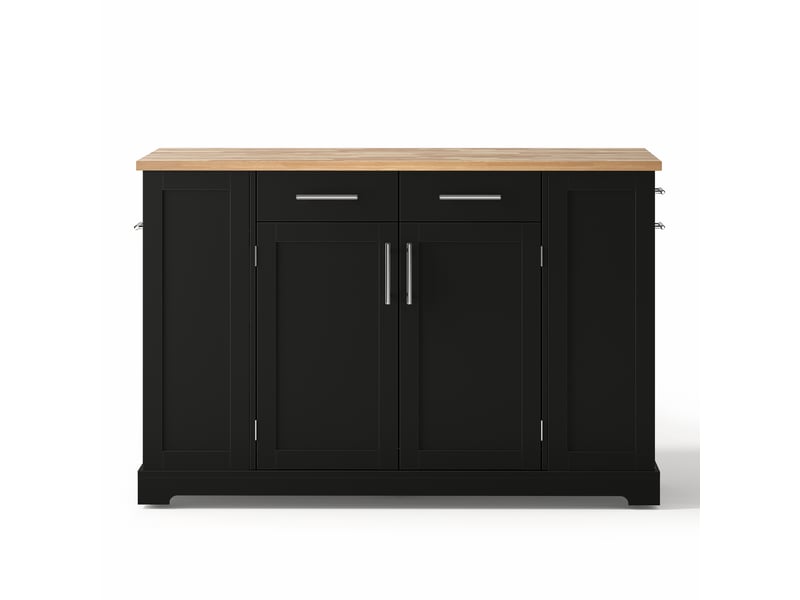  Îlot de cuisine 138 cm noir et aspect bois avec plan de travail rabattable, roulettes et prise électrique intégrée  - Conforama D