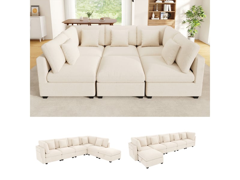Canapé d'angle convertible,6 places, avec espace de rangement et poches latérales pour accoudoirs,370 x 147 x 81cm,beige - Conforama E